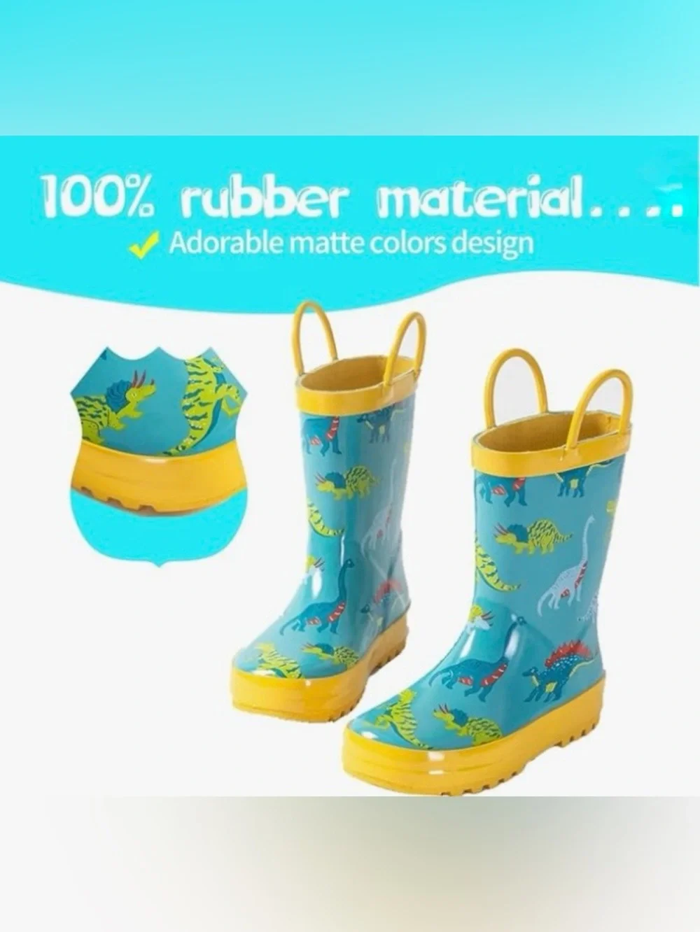 Toddler Yellow-Trim Blue Dinosaur Rain Boots Size 6